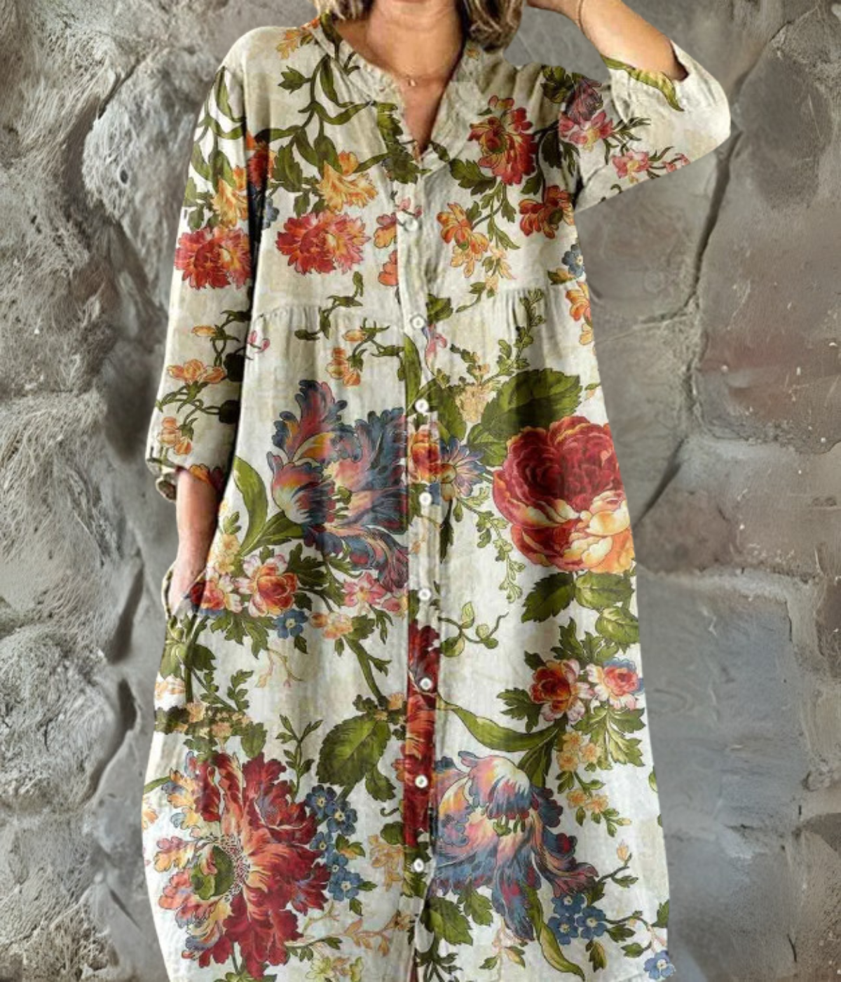 ベージュプリントロングスリーブワンピース