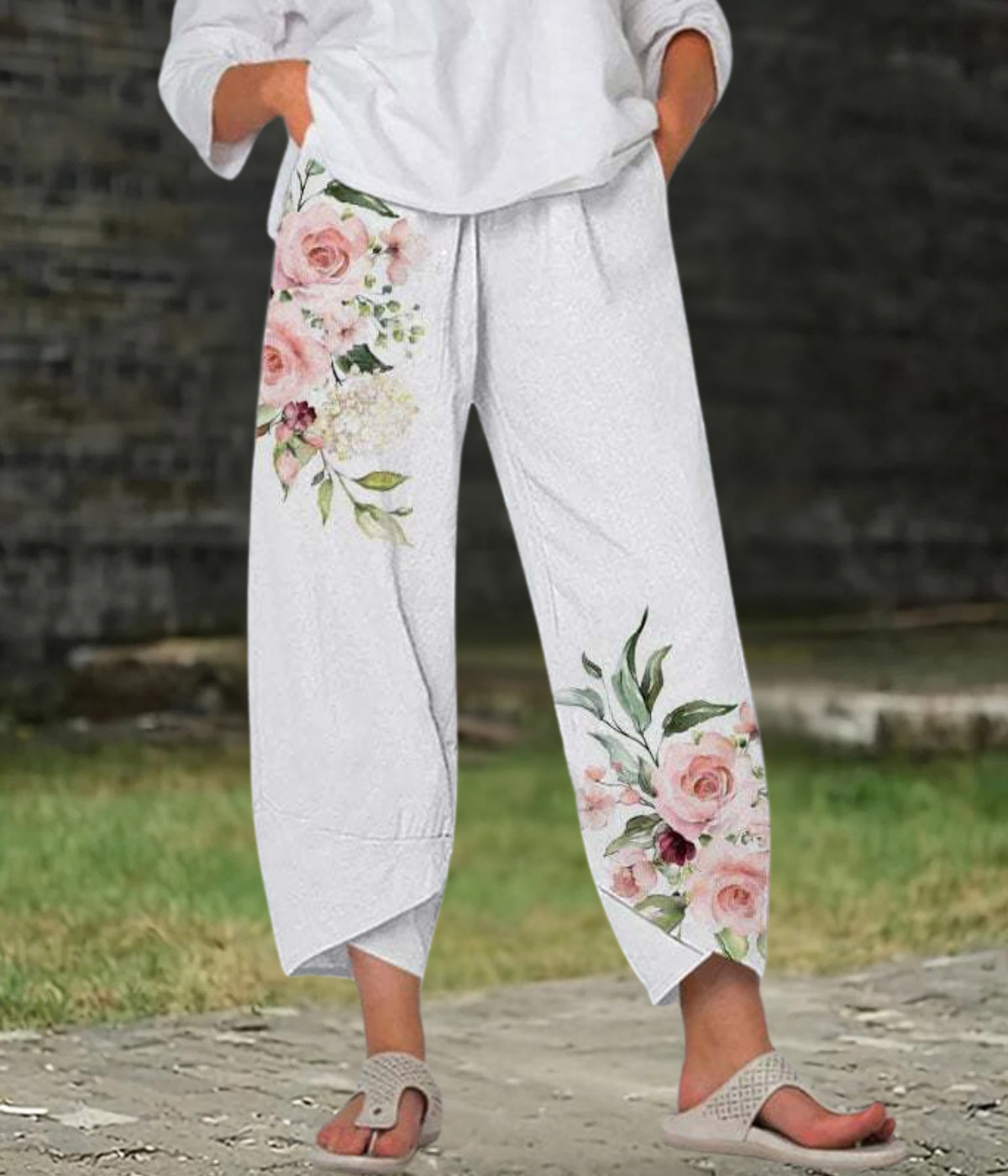 ホワイトフローラープリントボホブリーズパンツ