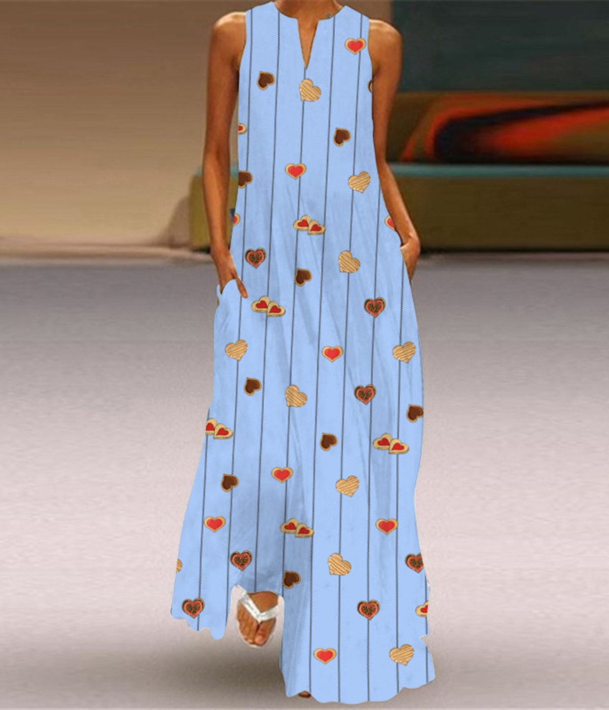 ブルーハートドットVネックプリントドレス