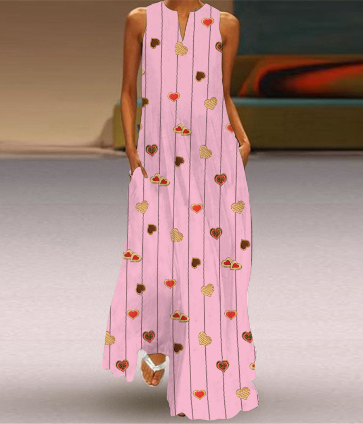 ピンクハートドットVネックプリントドレス