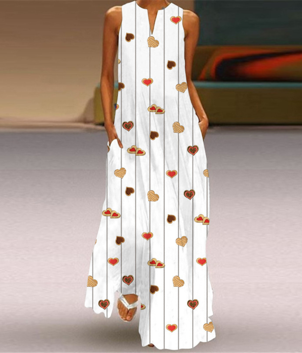 ハートドットVネックプリントドレス