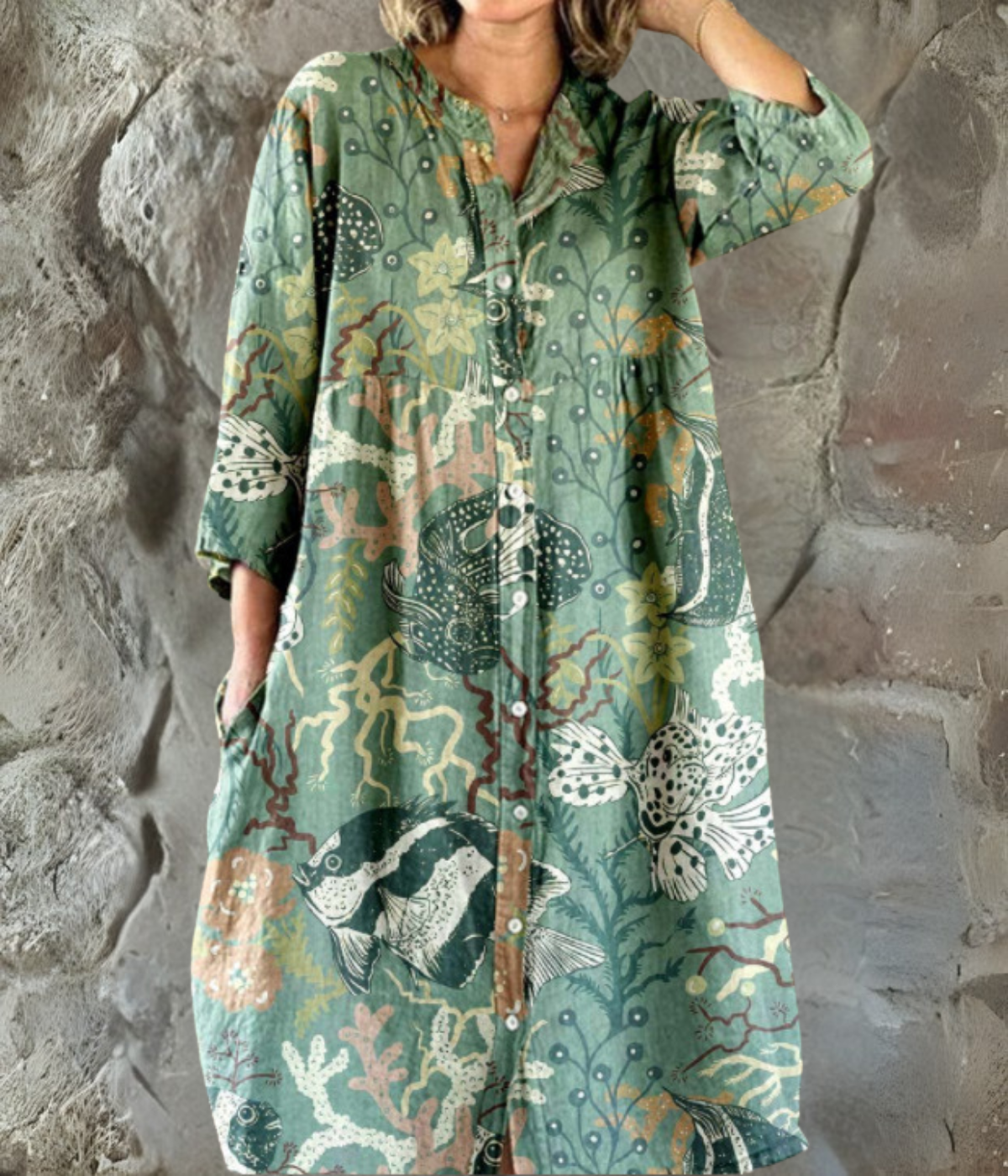 水族館プリントロングスリーブワンピース