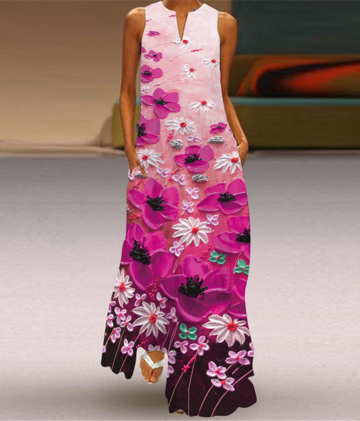 パープルVネックプリントドレス