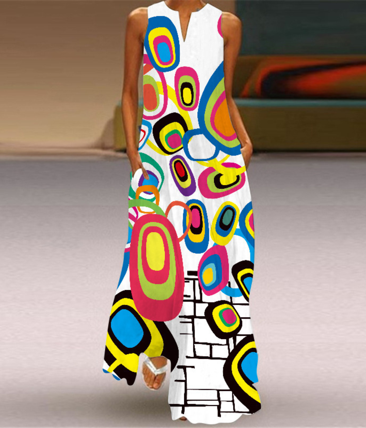 マルチカラーVネックプリントドレス