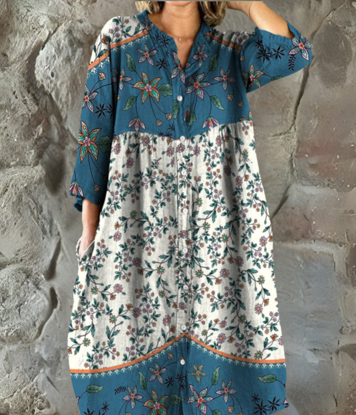 ブルーホワイトプリントロングスリーブワンピース