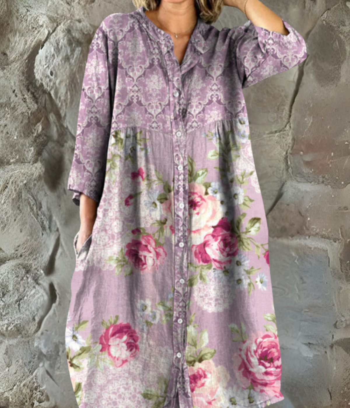 パープルローズプリントロングスリーブワンピース