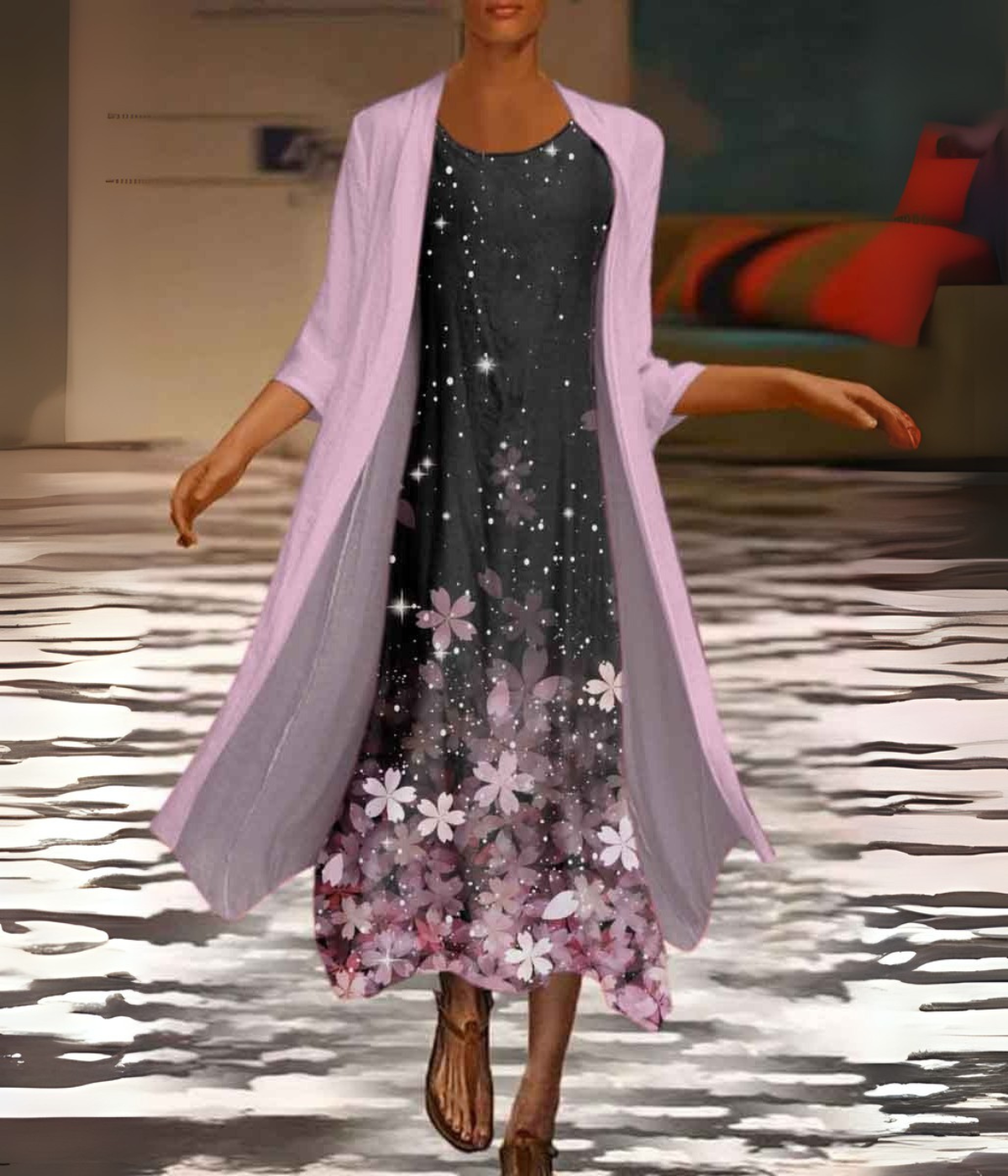 パープル-ブラックフローラルセットドレス