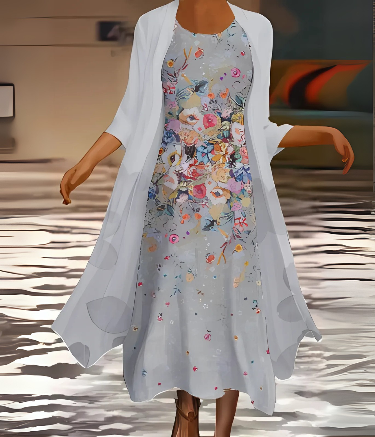 グレイッシュホワイトフローラルセットドレス