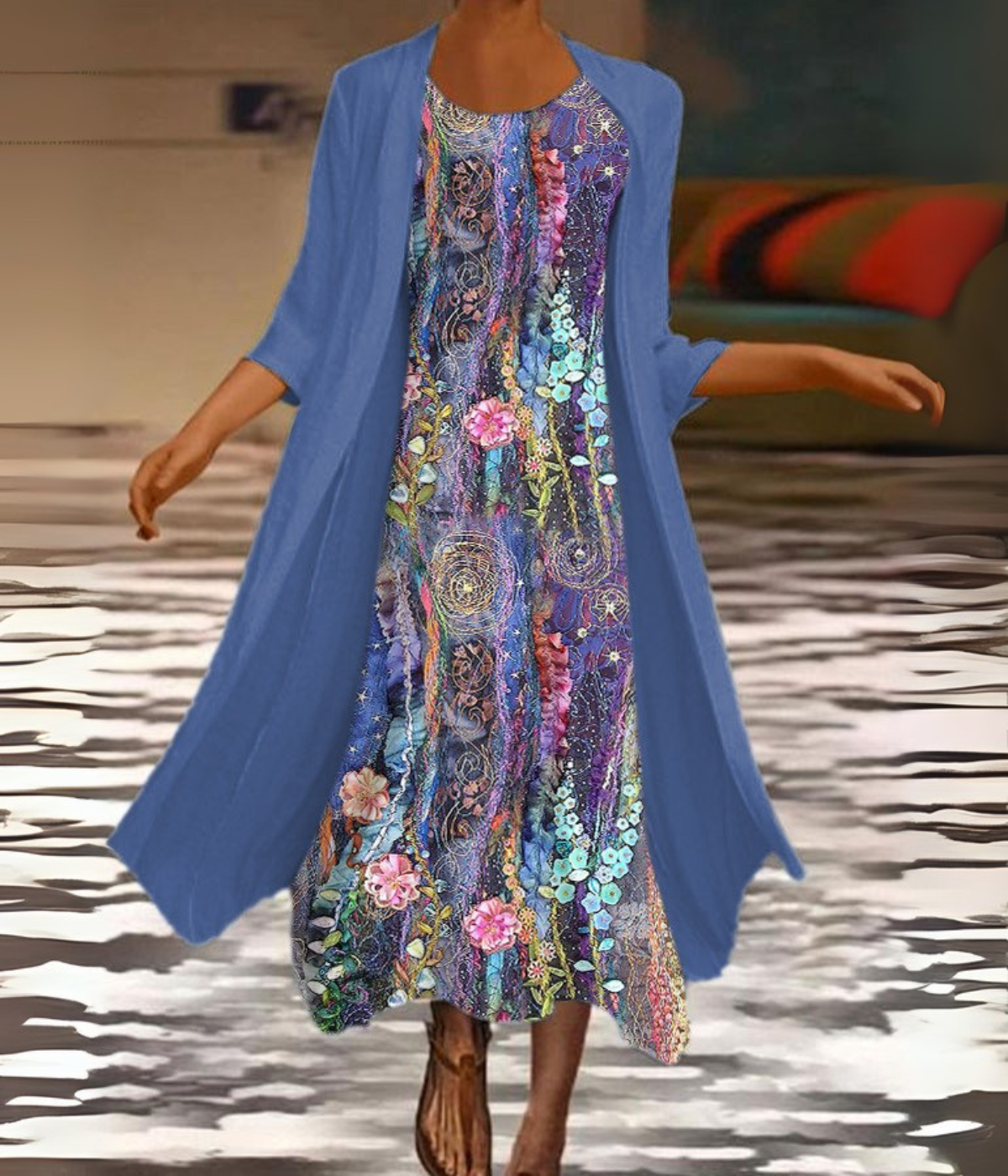 ブルーフラワープリントセットドレス