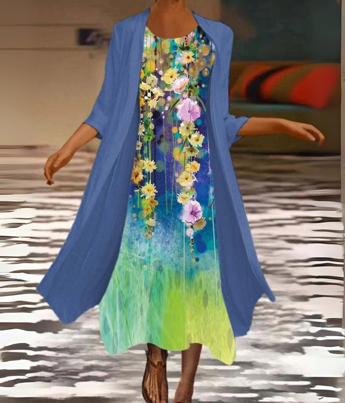 ブルーフローラルガーデンプリントセットドレス