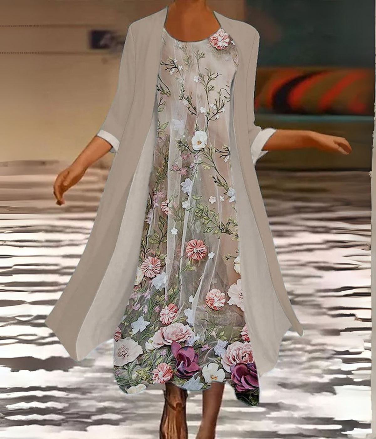 ダークグレーの花柄セットドレス