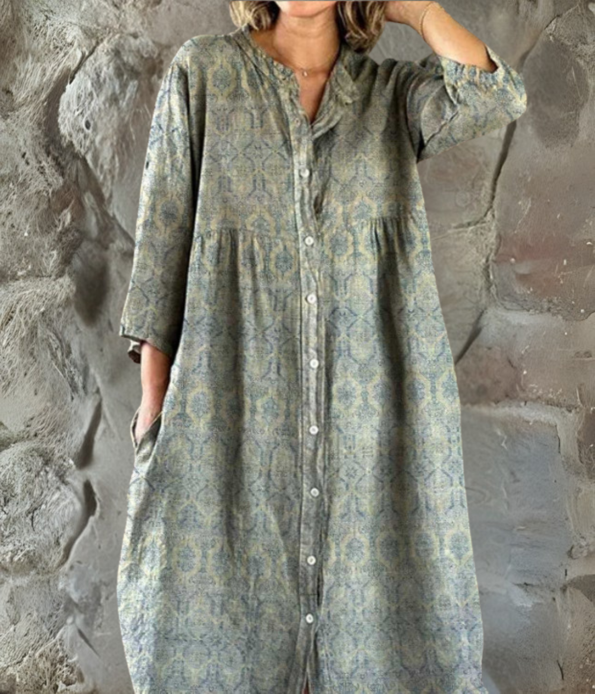 グレーアズテックプリントロングスリーブワンピース