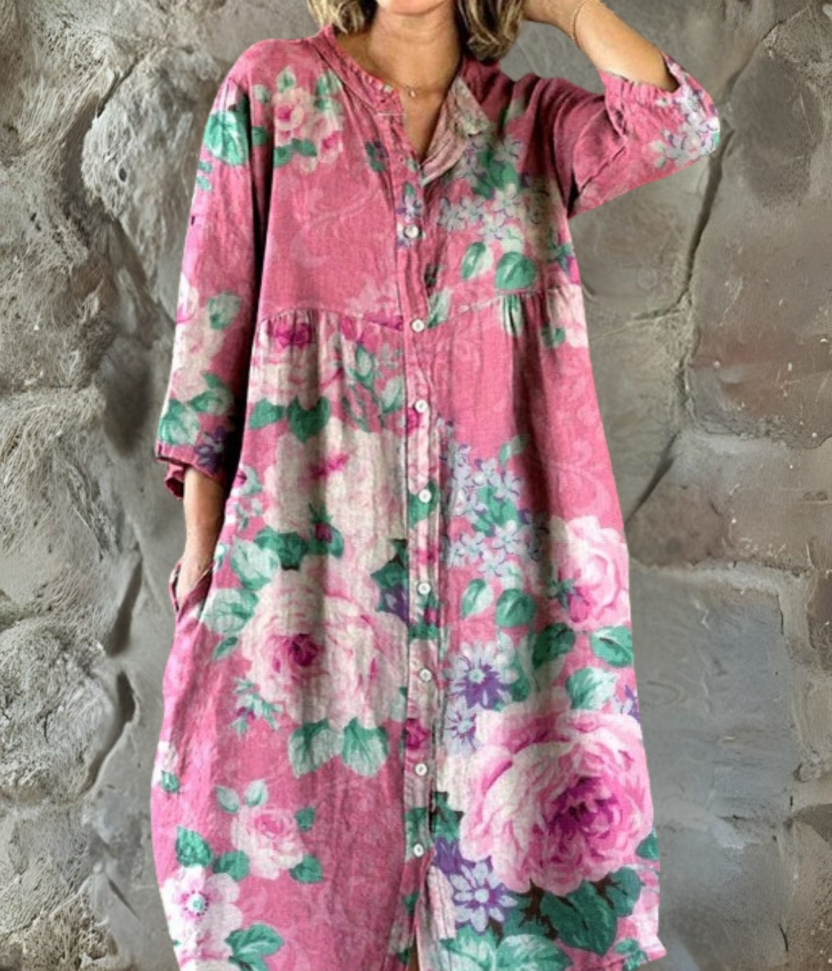 ピンクビッグローズプリントロングスリーブワンピース