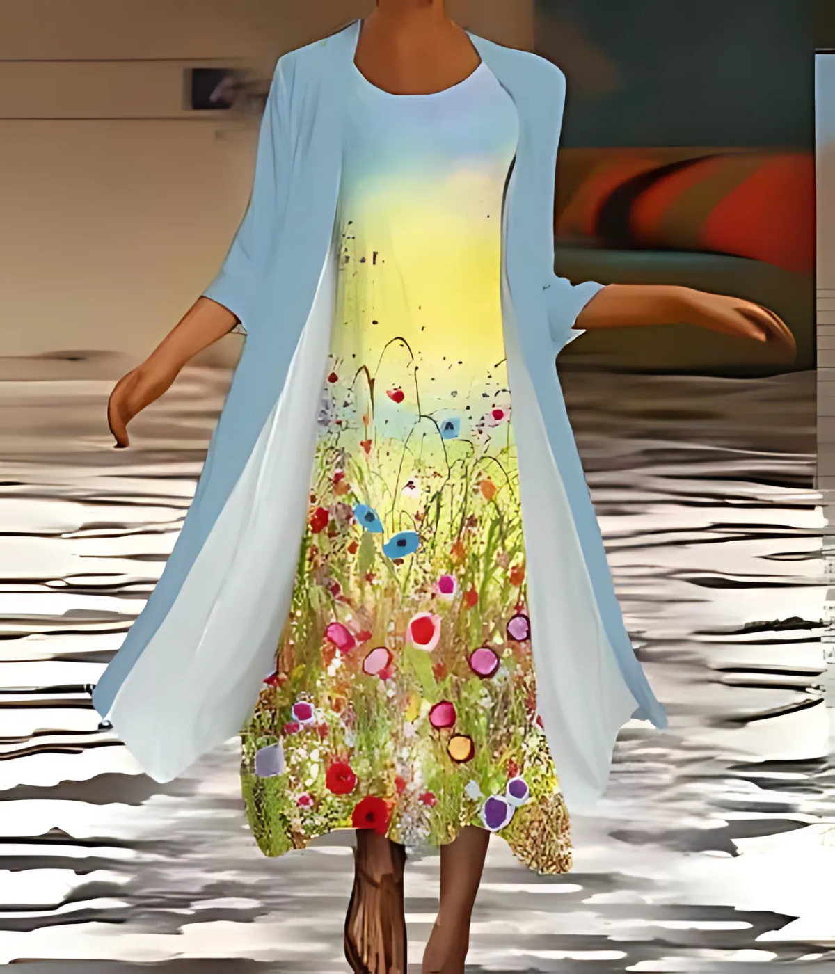 ブルーイエローフローラルセットドレス