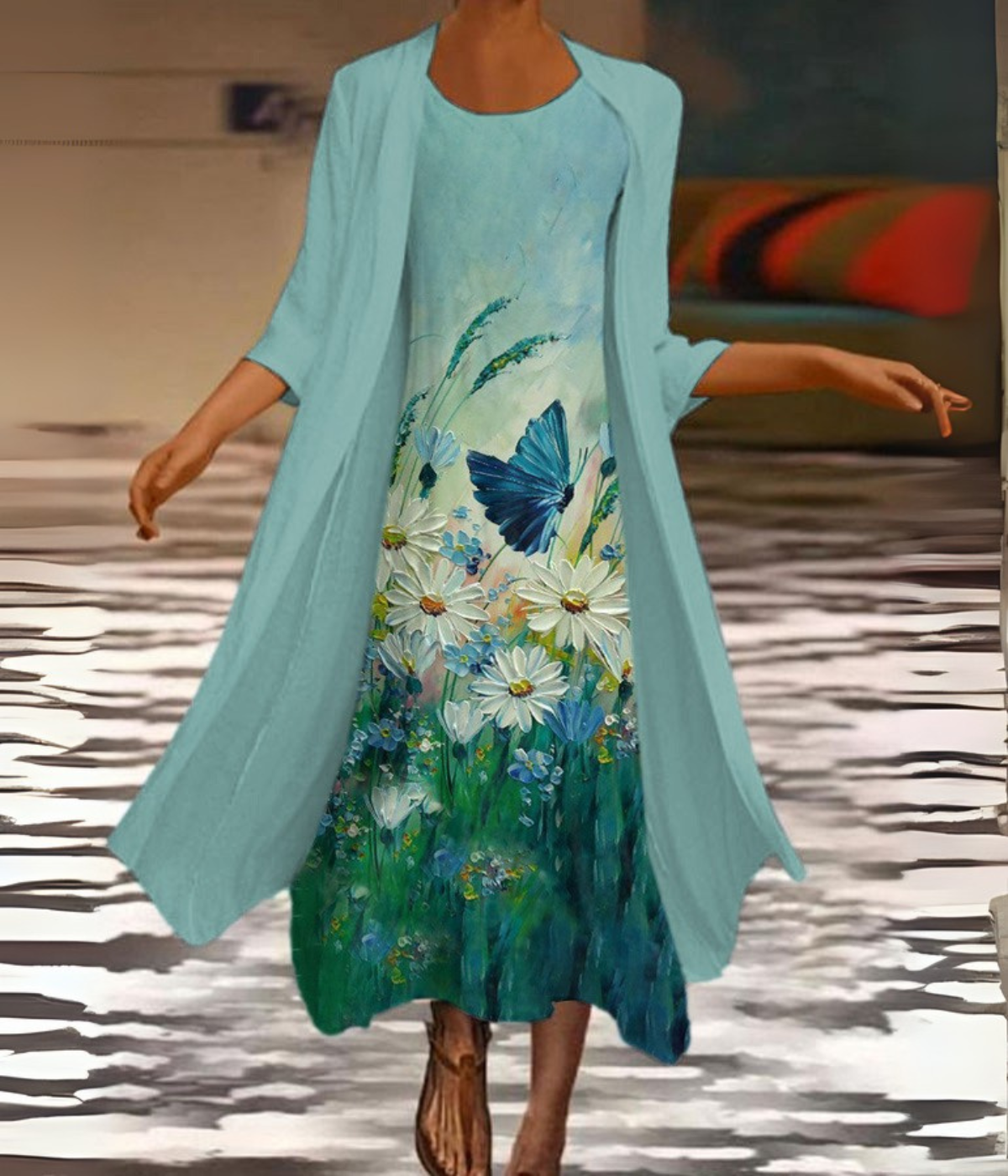 バタフライブルーフローラルセットドレス