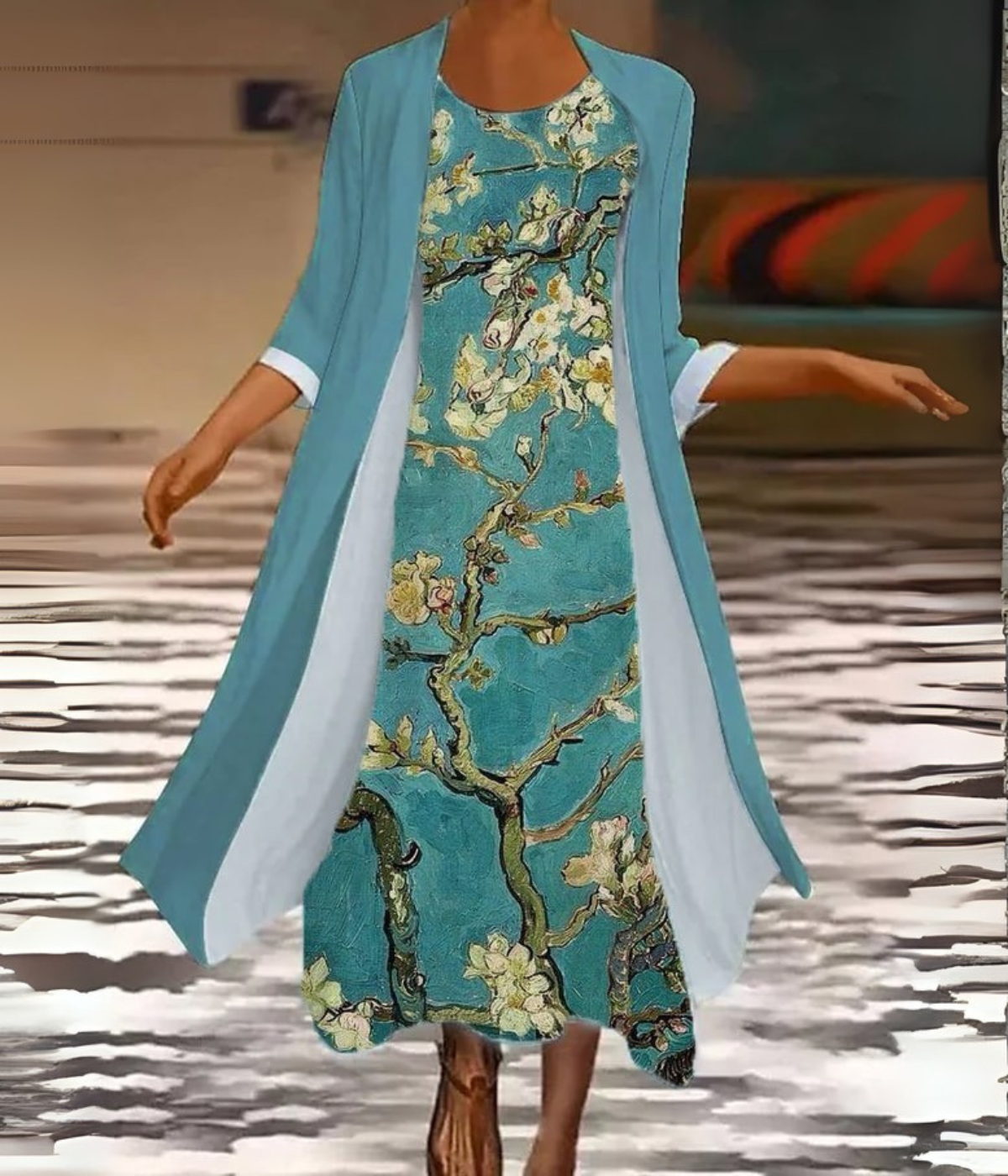 ブルーブランチプリントセットドレス