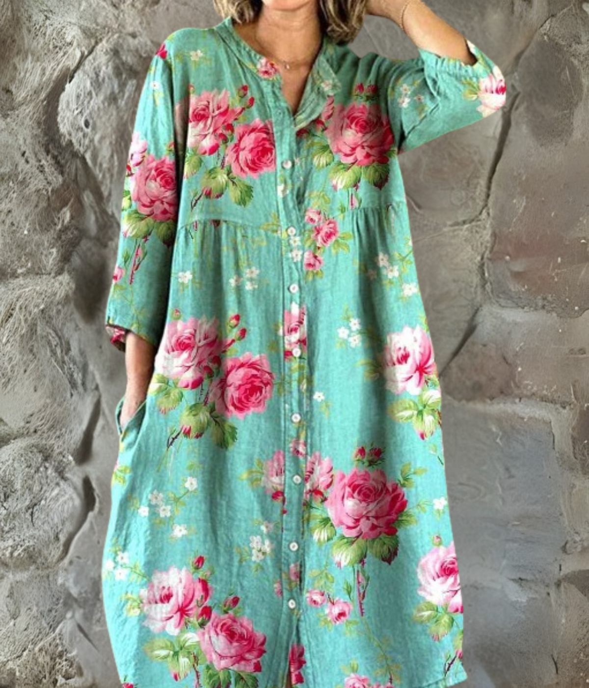 ピンクローズプリントロングスリーブワンピース