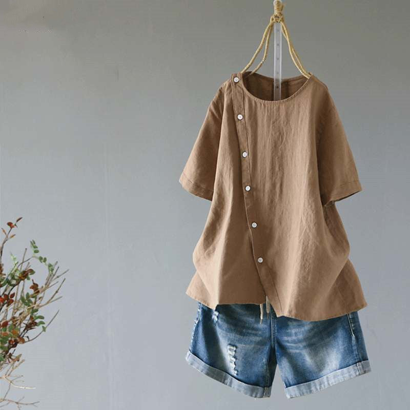 ラウンドネックボタンシャツ