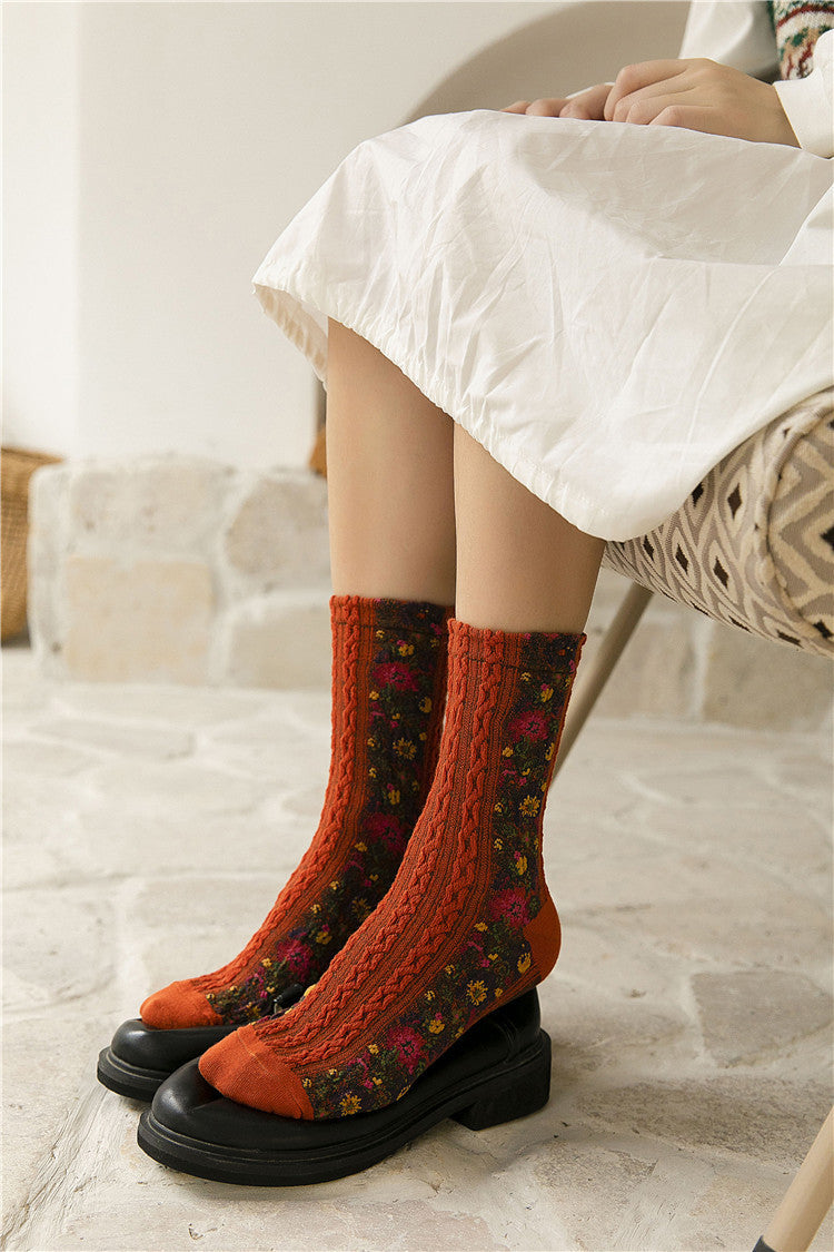 女性用、秋冬、厚手、刺繍花柄、暖かい、中くらいの長さ、コットンソックス