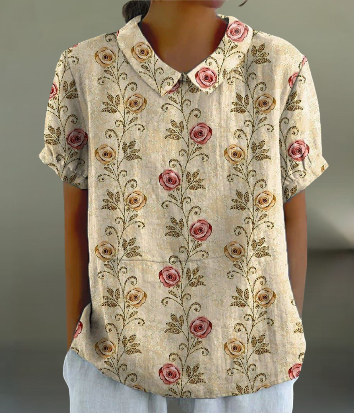 サンドカラー花柄ブラウス