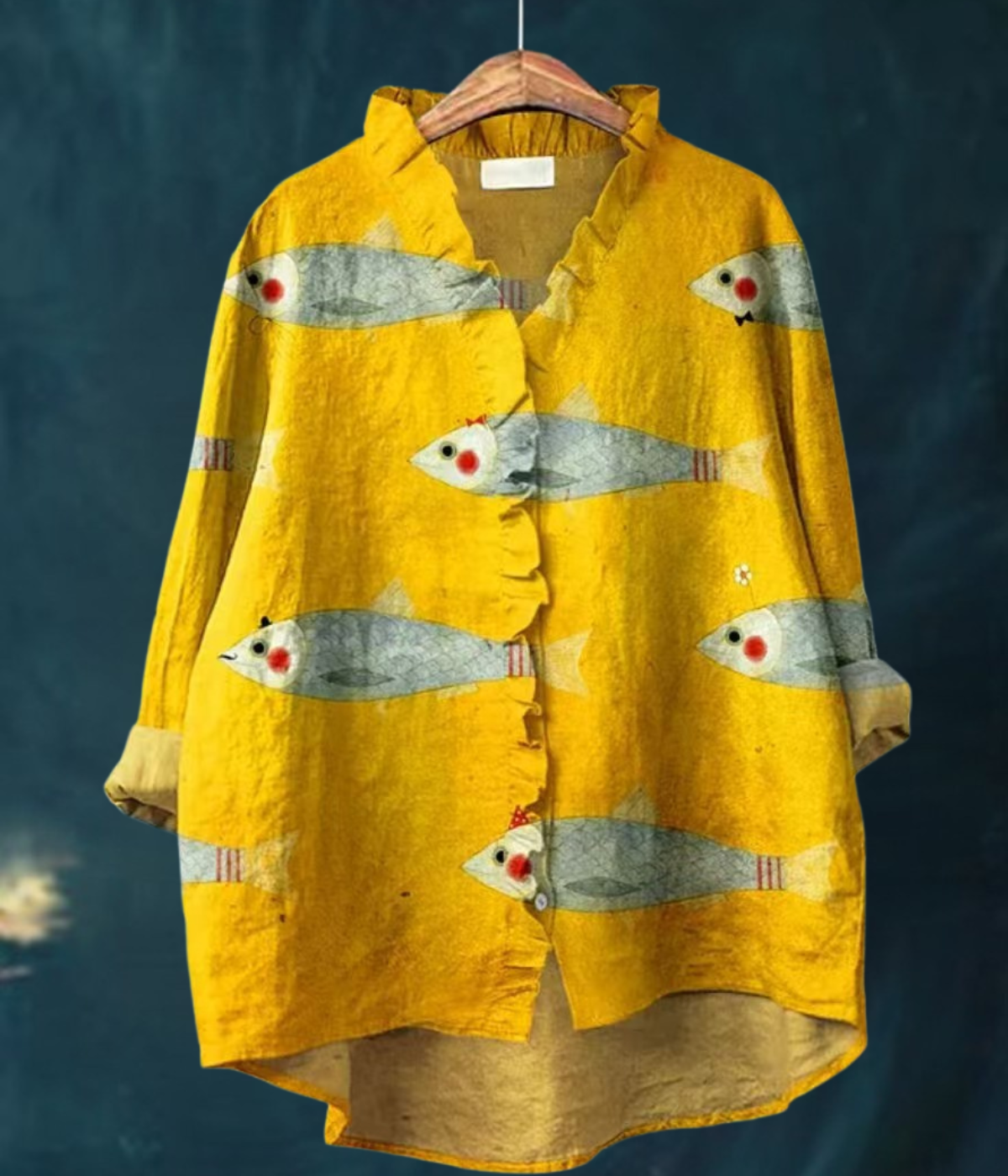 魚柄イエローラウンドネックブラウス