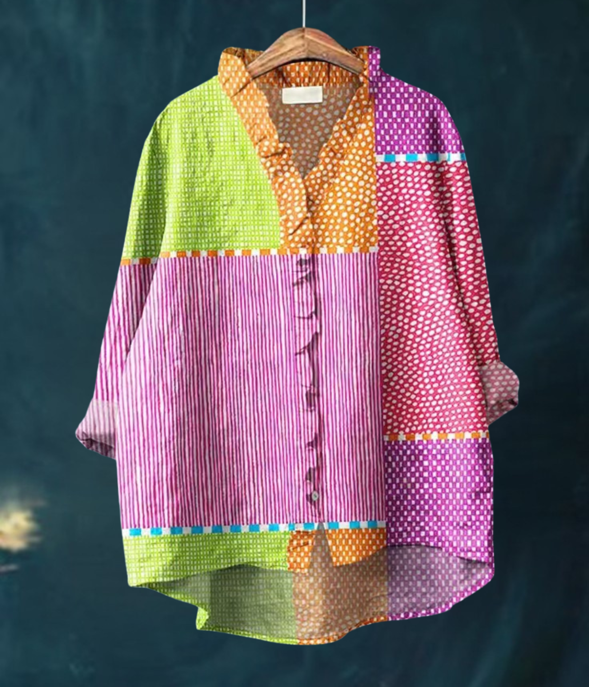 マルチカラー丸首ブラウス