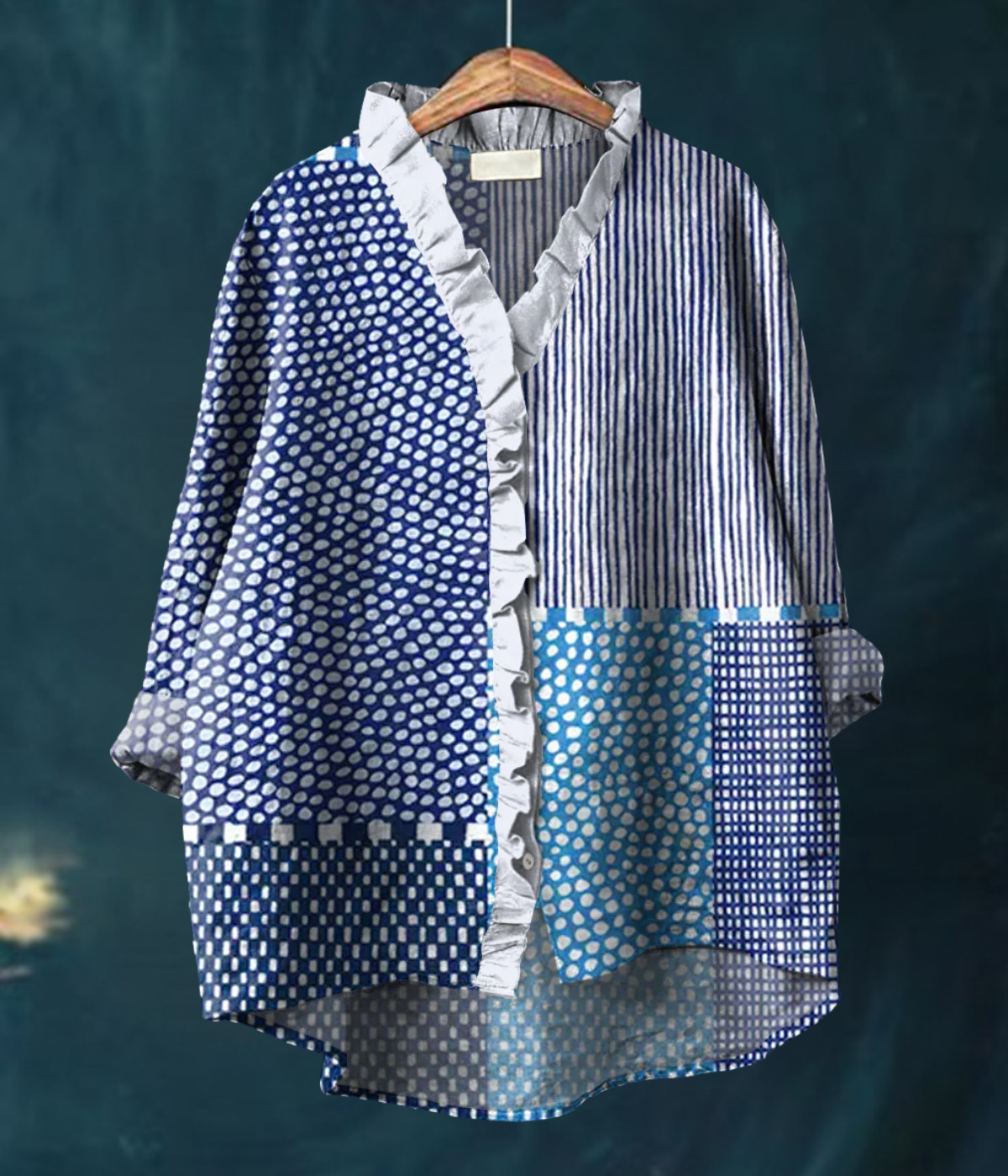 ミックスブルーラウンドネックブラウス