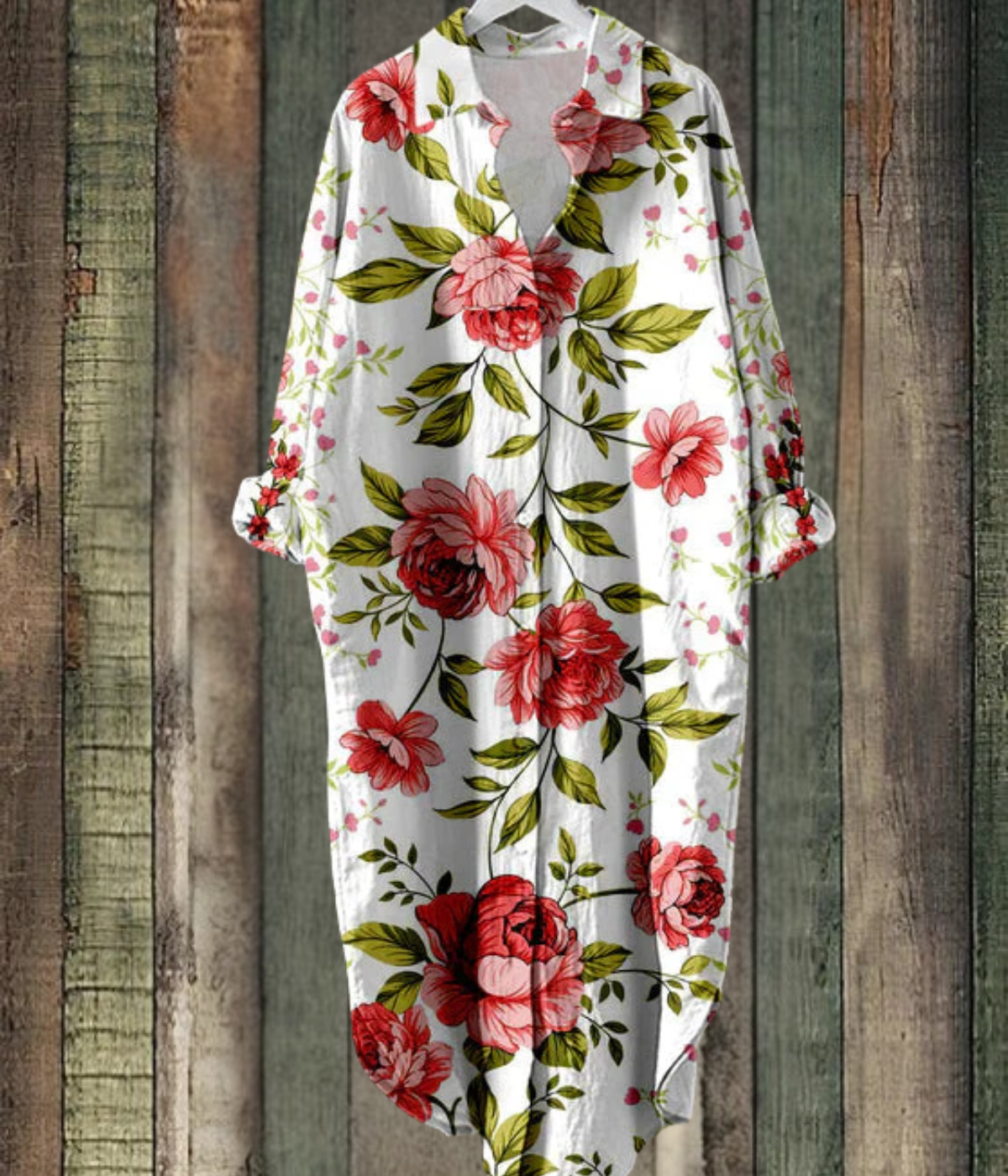 赤いバラ柄ルーズミディドレス