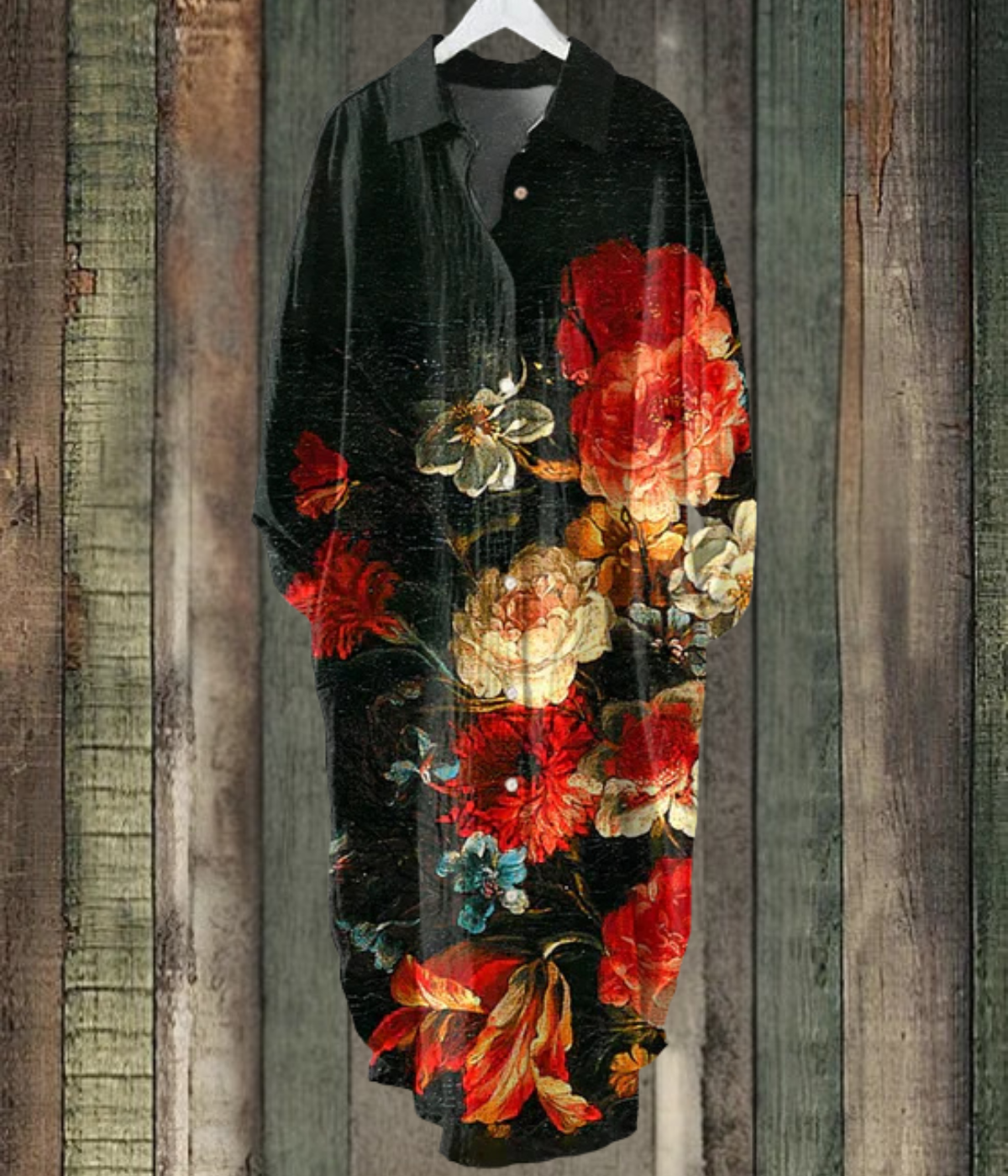 ブラックの花柄ルーズミディドレス