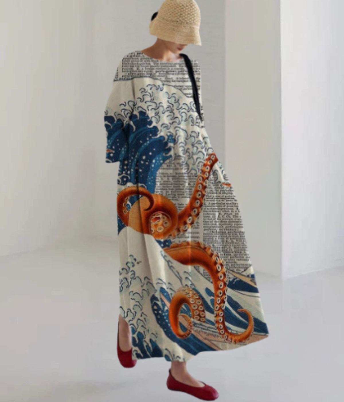 海の柄の丸首ドレス