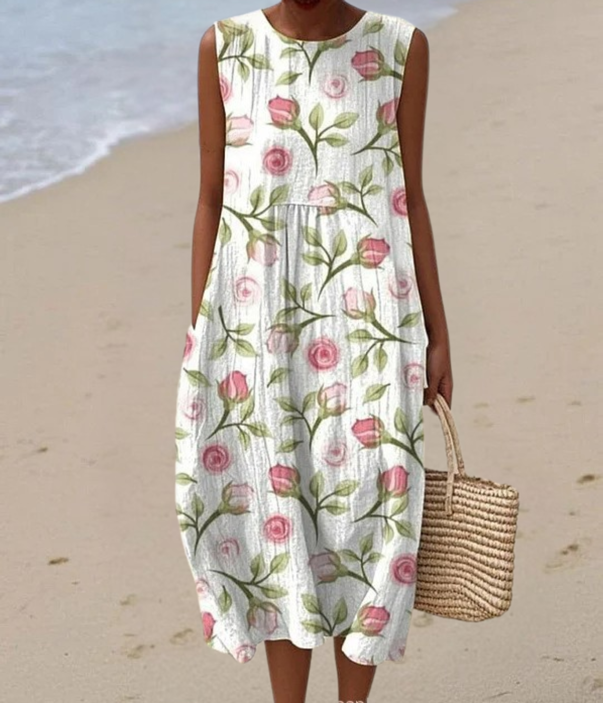 白地にピンクのバラのノースリーブドレス