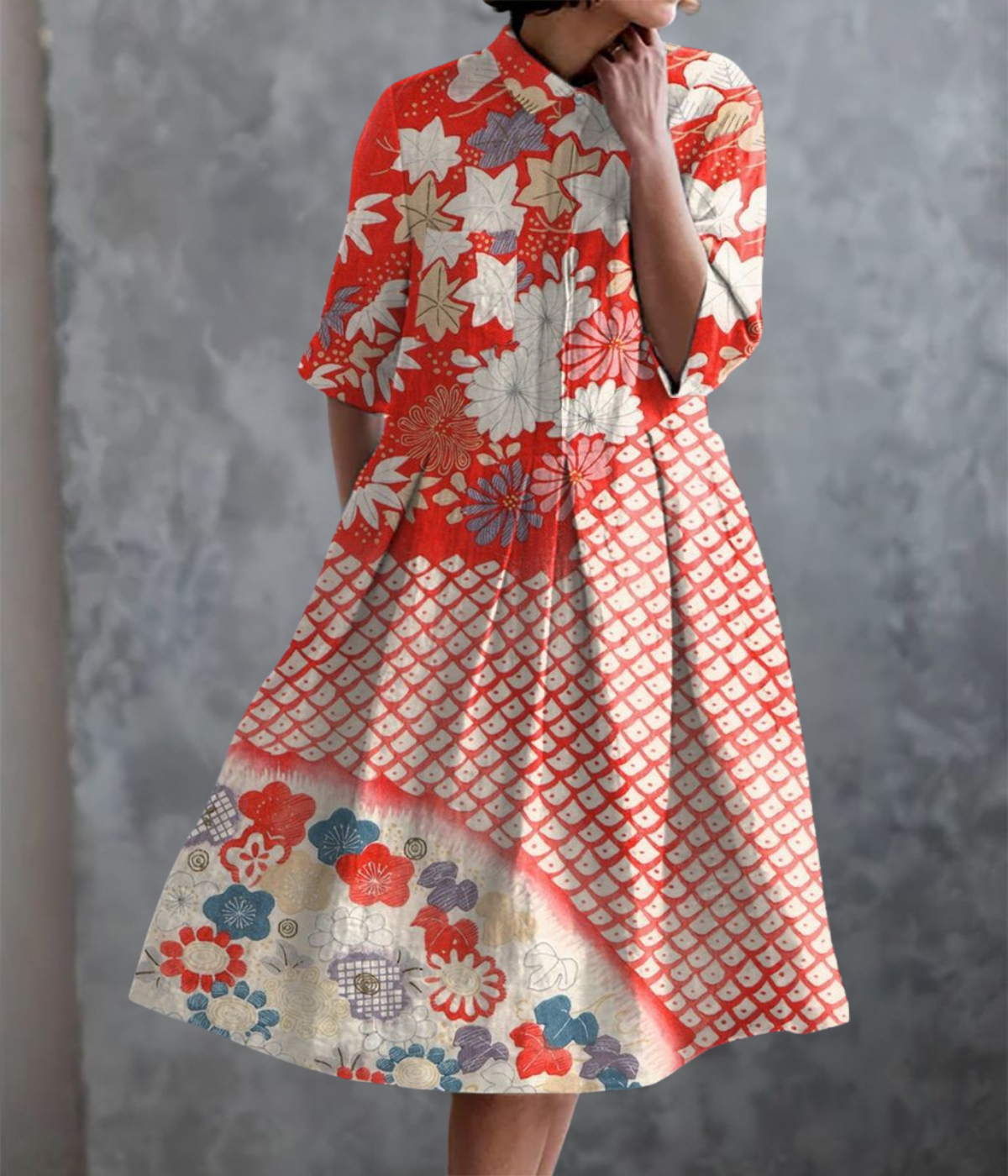 赤い柄のダブルポケットドレス