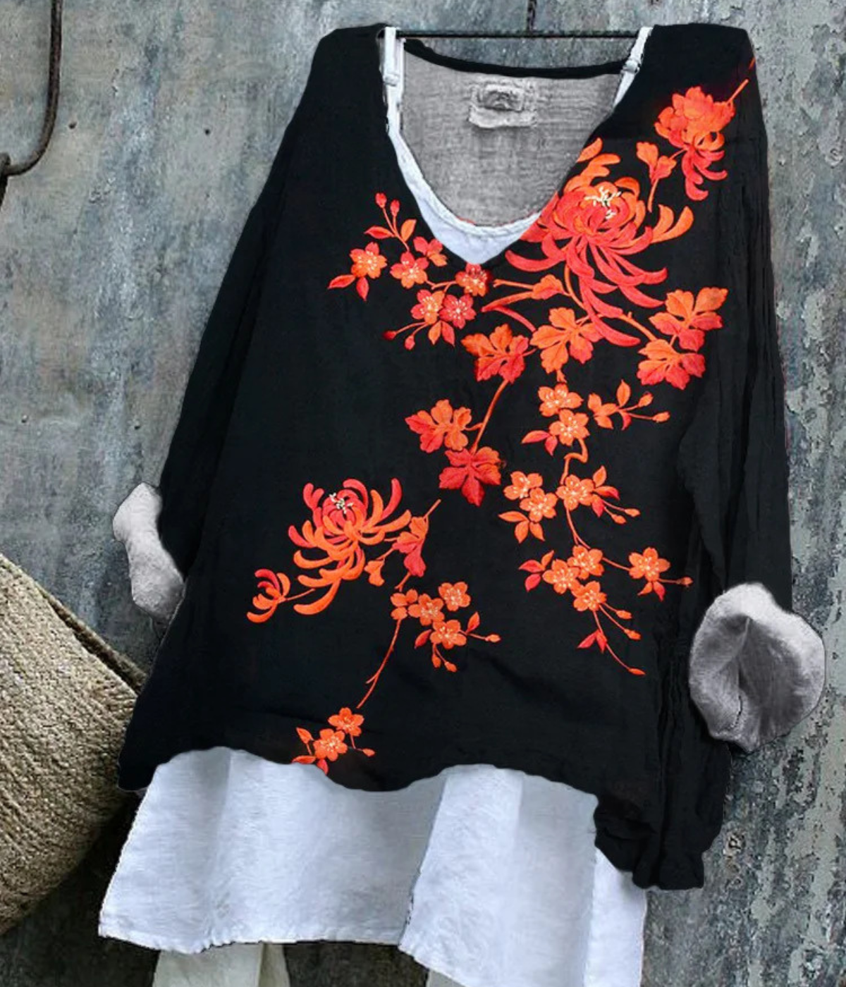 ブラックプリントのシワ感サマープルオーバー