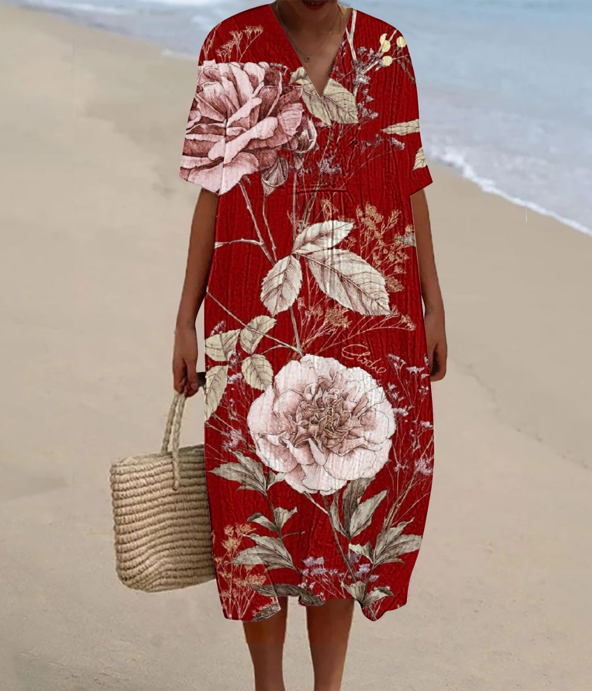 赤い花柄のVネックロングワンピース