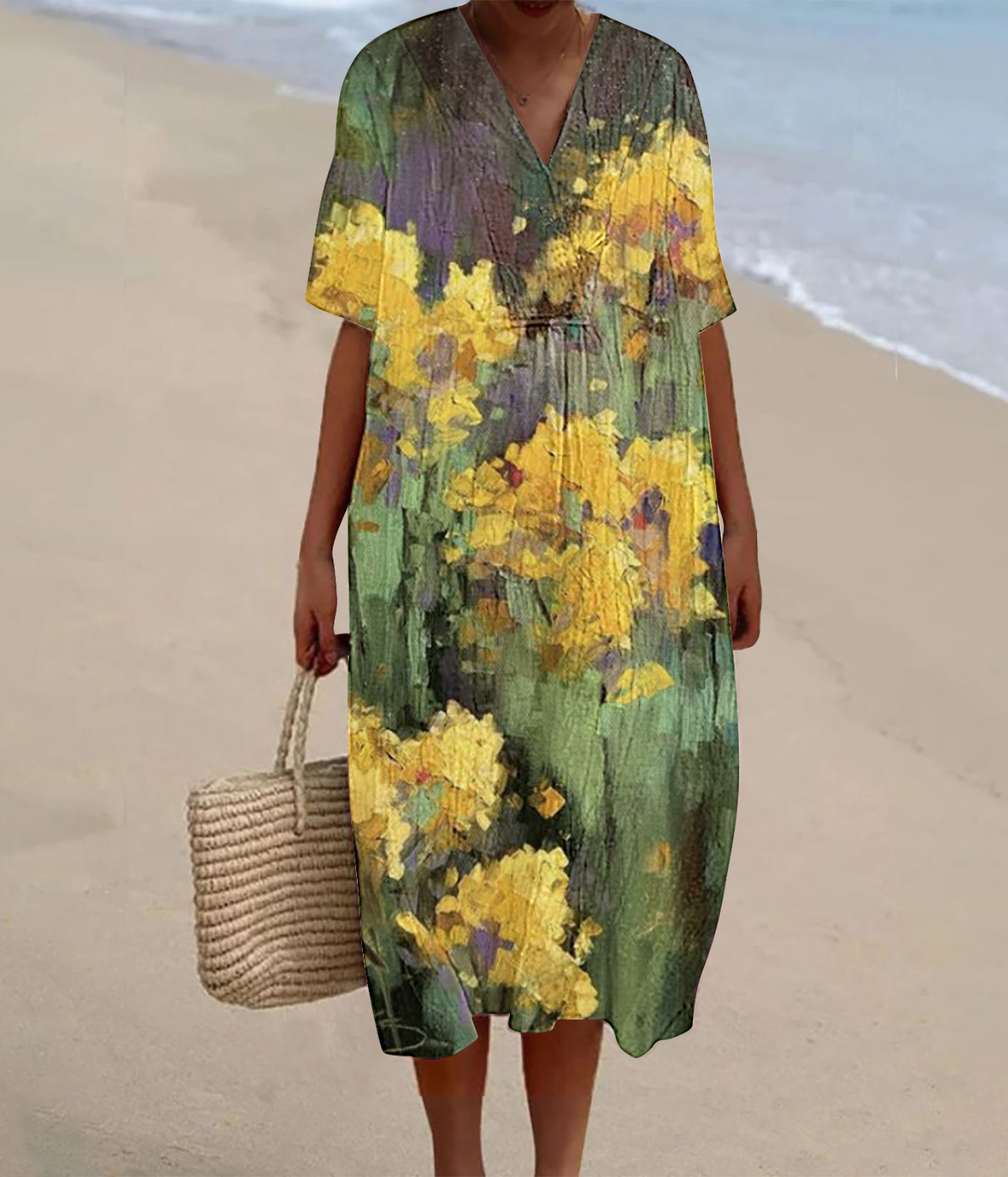 黄色い花柄のVネックロングワンピース