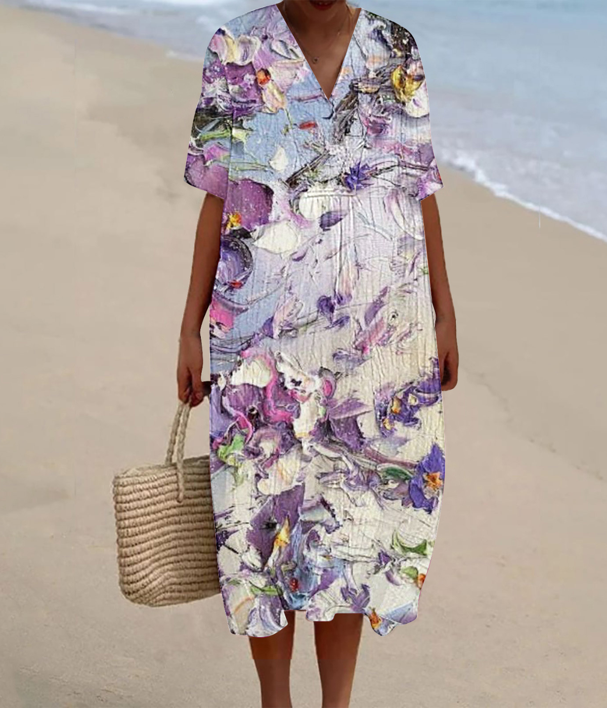 紫の花柄のVネックロングワンピース