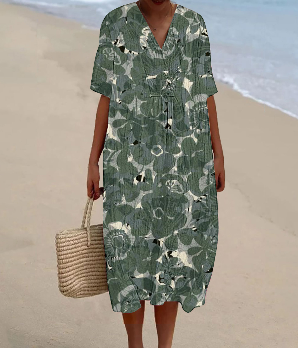 グリーンガーデン風のVネックロングワンピース