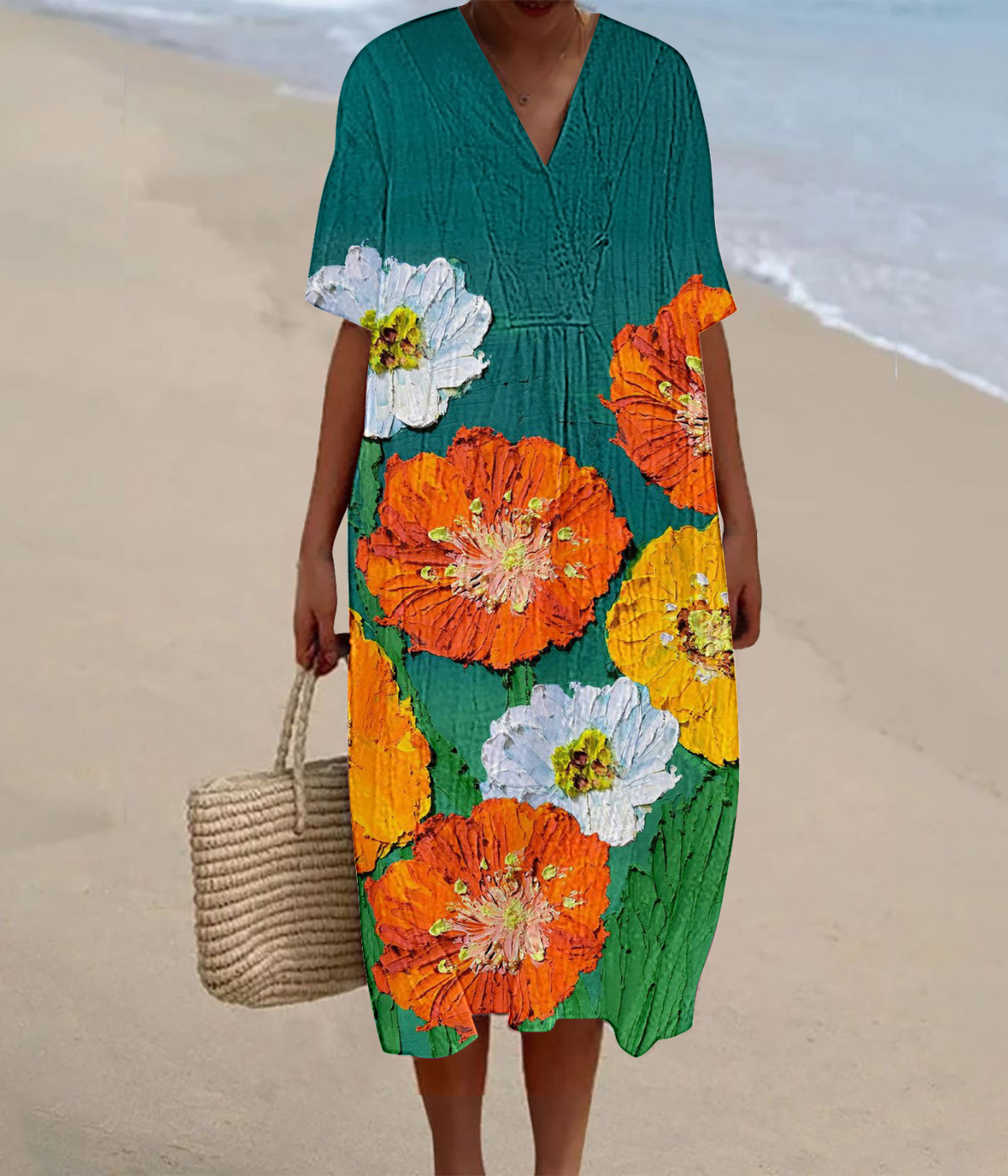 緑の花柄のVネックロングワンピース