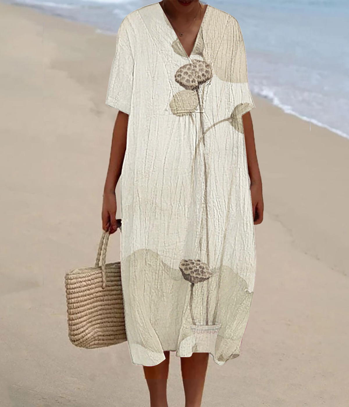 ベージュのひまわり柄Vネックロングワンピース