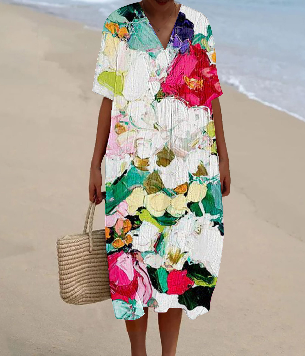 ミックスカラーの花柄Vネックロングワンピース