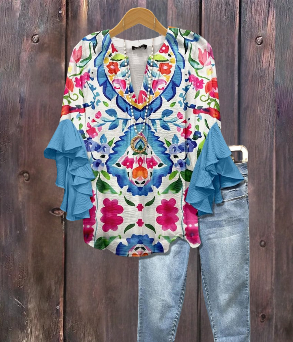 ブルーアズテックフローラルプリントVネックシャツ