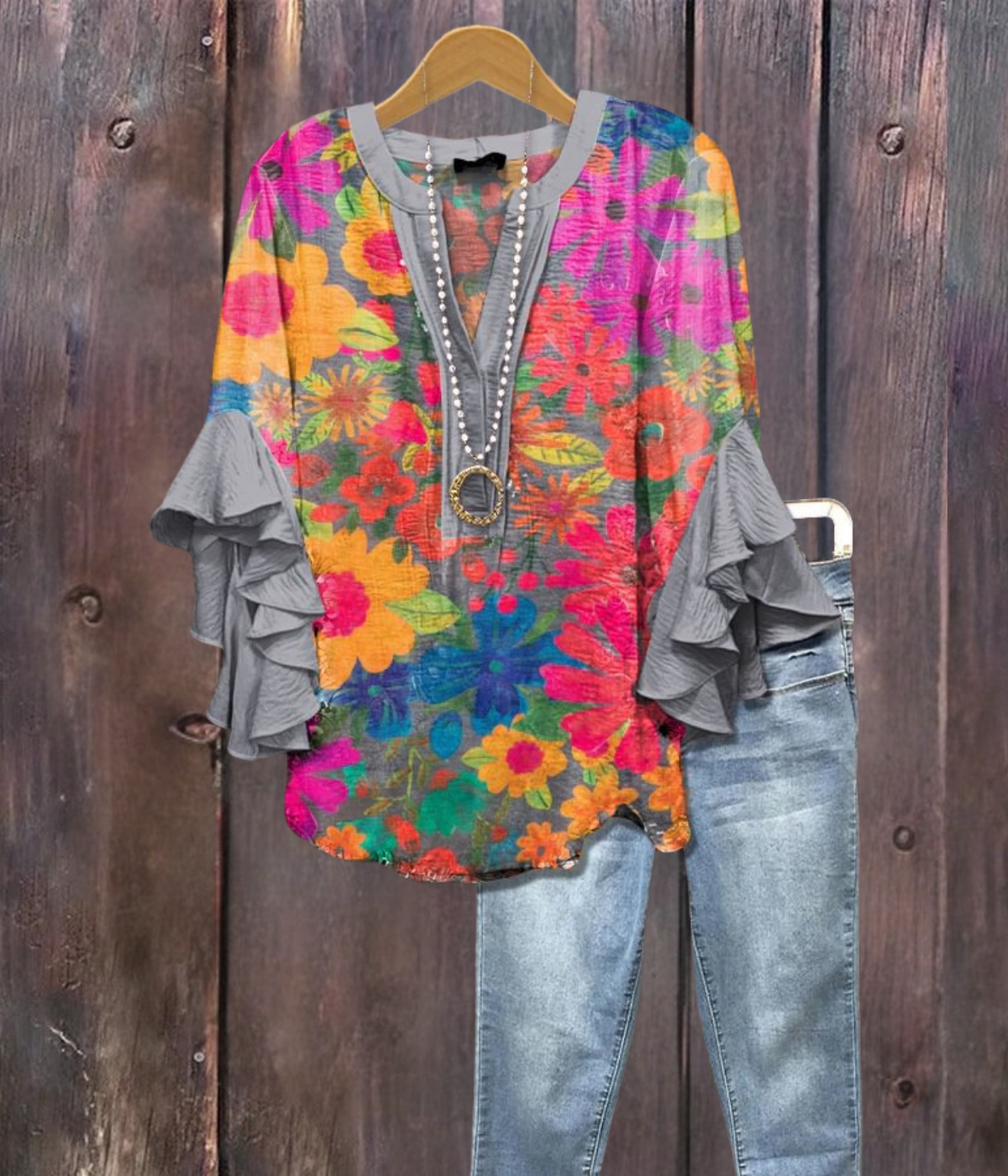 マルチフローラルパッチプリントVネックシャツ