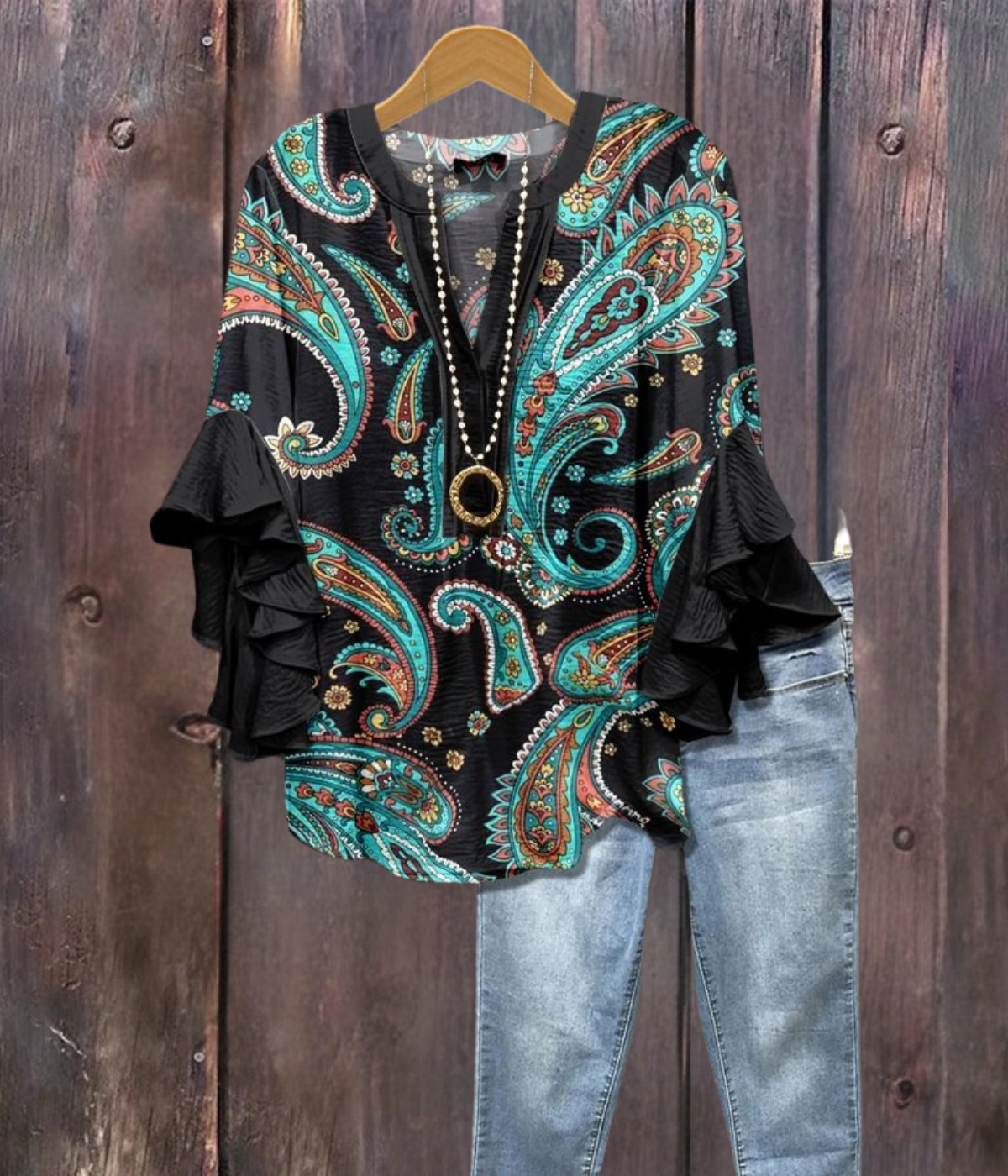 ブルーブラックフローラルプリントVネックシャツ