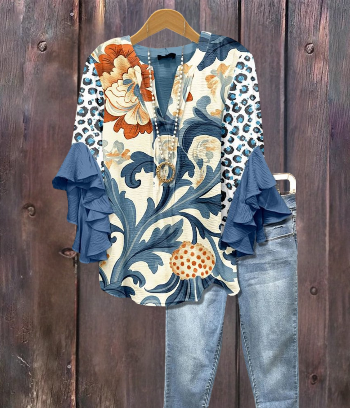 ブルーロータス フローラルプリント Vネックシャツ