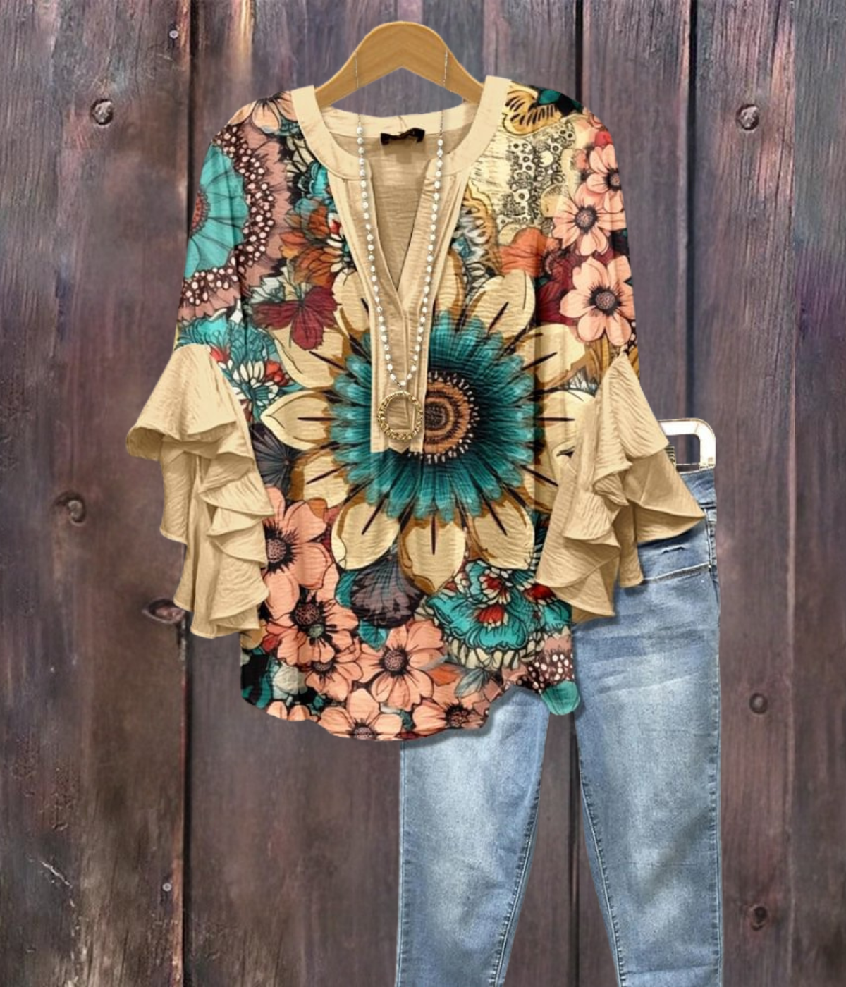 ベージュ ボーホー フローラル プリント Vネック シャツ