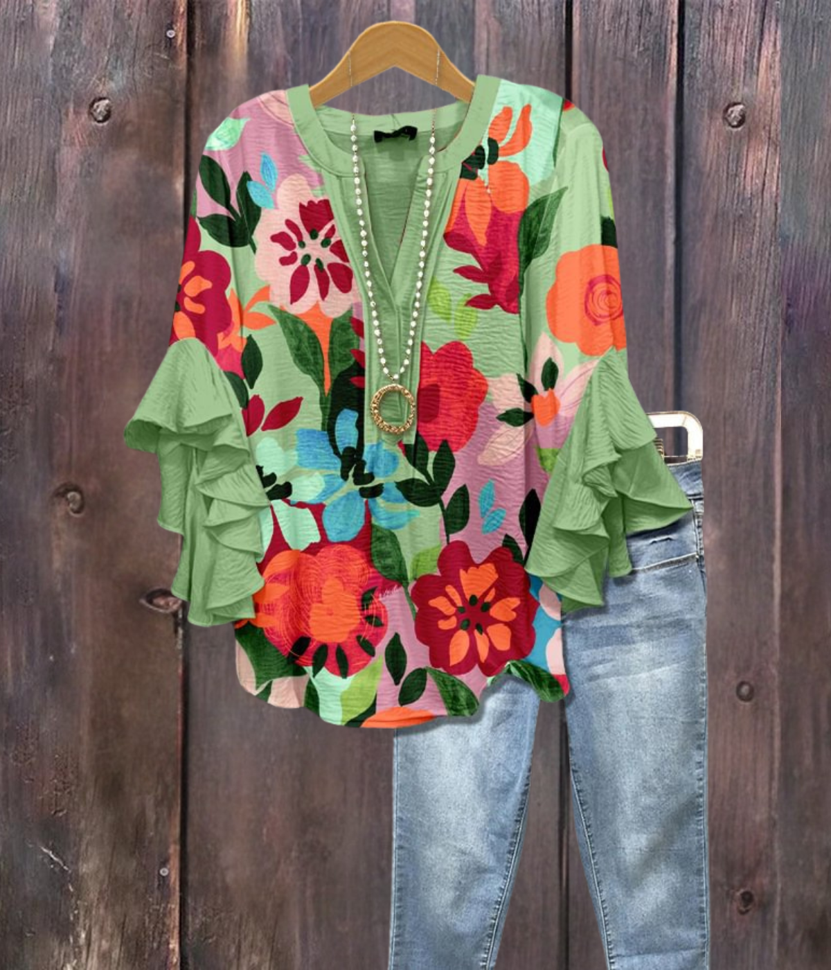 マルチカラーフラワープリントVネックシャツ