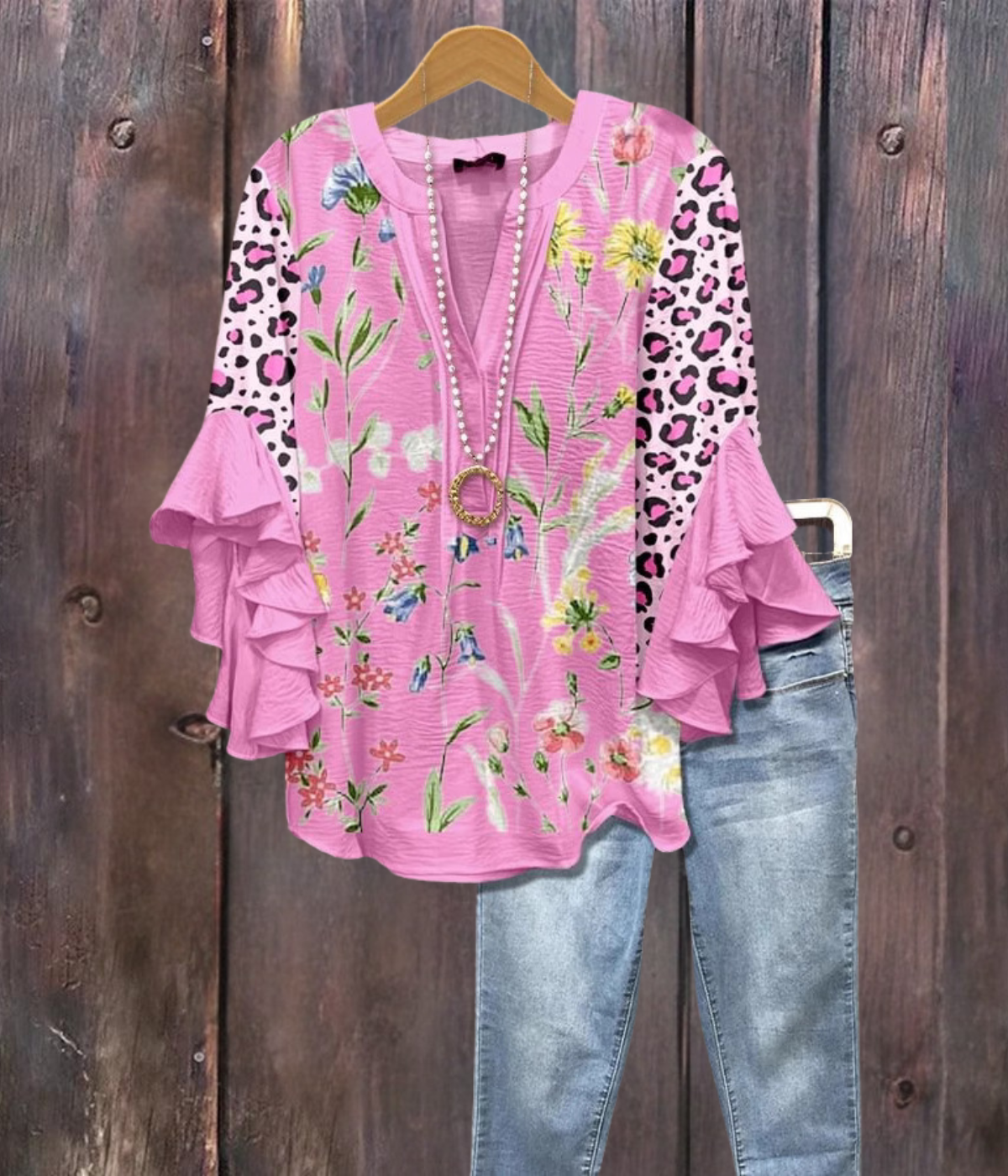 ピンクレオパードフラワープリントVネックシャツ