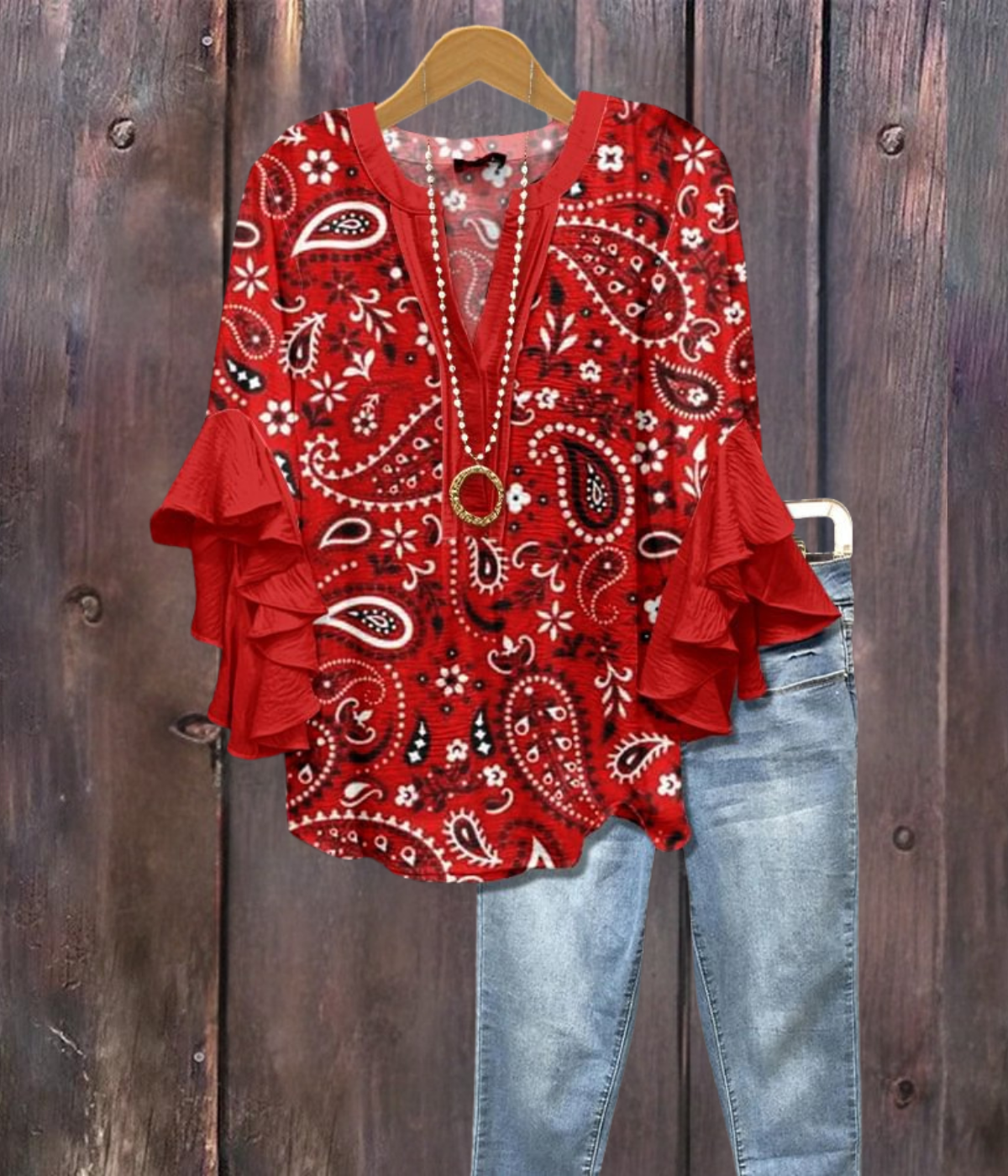 レッドフローラルプリントVネックシャツ