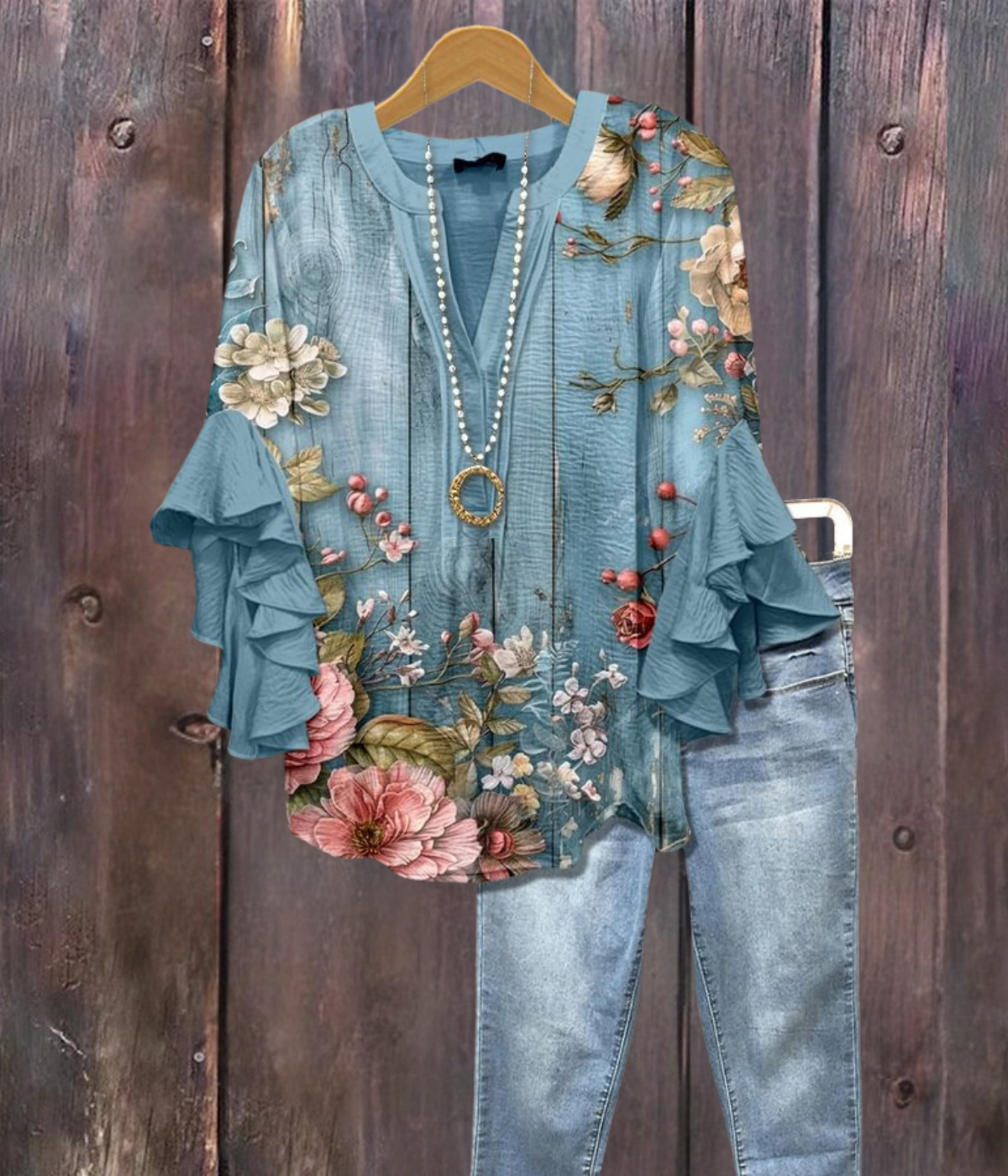 ブルーマルチ花柄プリントVネックシャツ