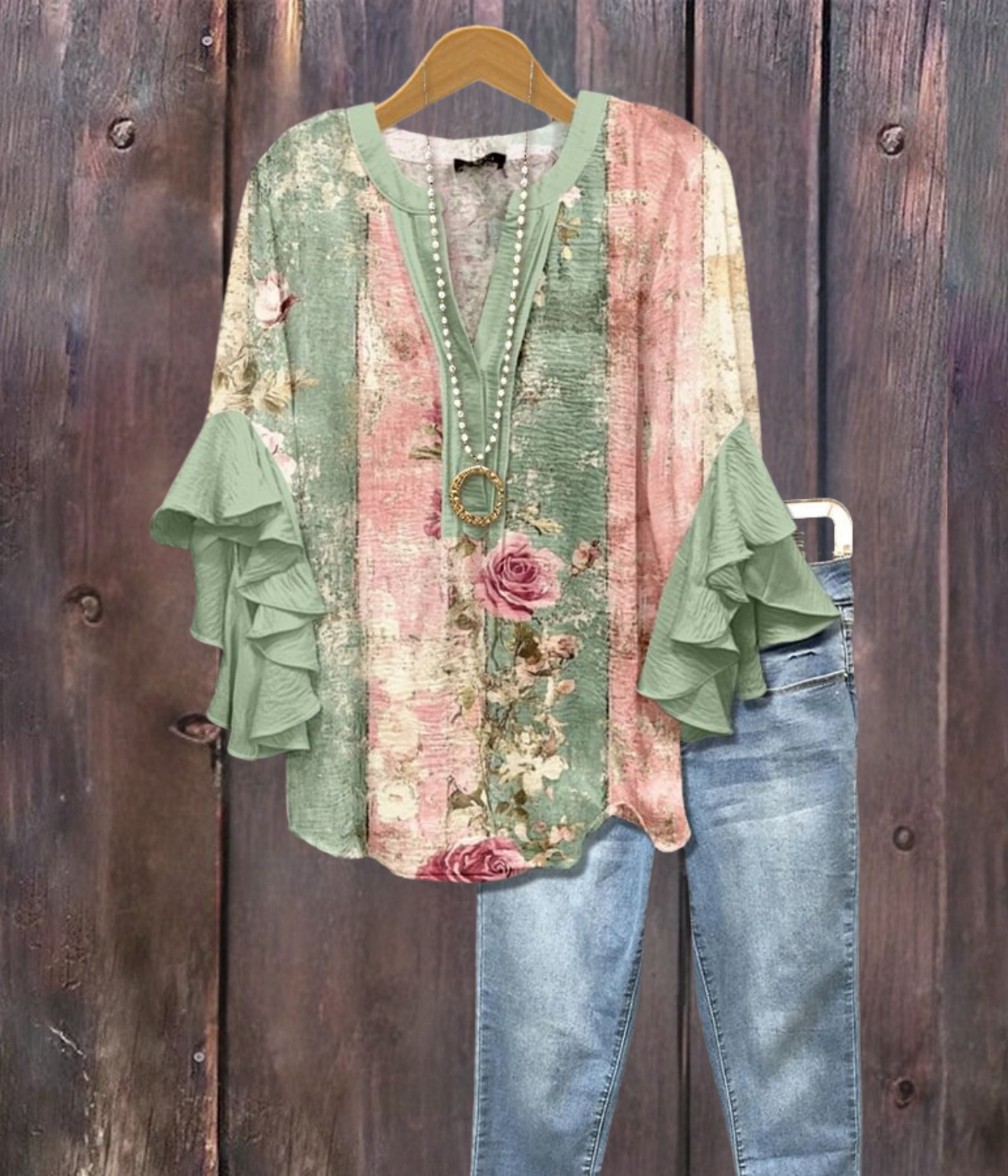 グリーンピンク花柄Vネックシャツ